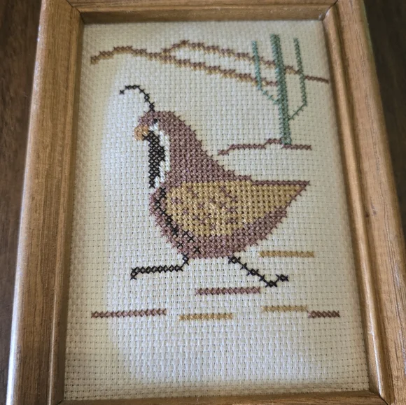 Cross Stitch Embroidery Desert Quail Cactus Framed Art - Picture 5 of 5